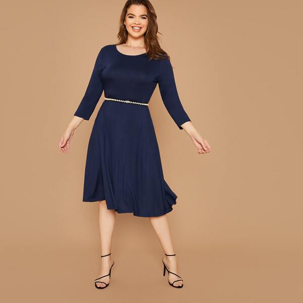 

Plus Solid Dress Without Pearls Belt, Navy