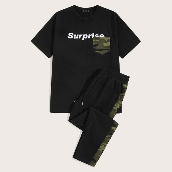 

Men Letter Graphic Pocket Tee & Drawstring Sweatpants Set, Black