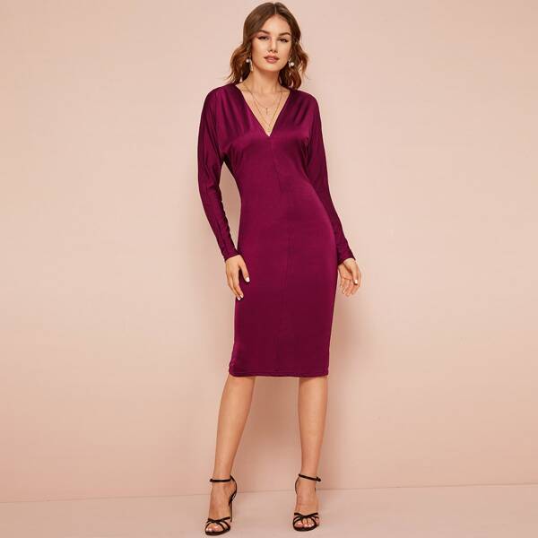 

Batwing Sleeve Draped Backless Bodycon Dress, Burgundy