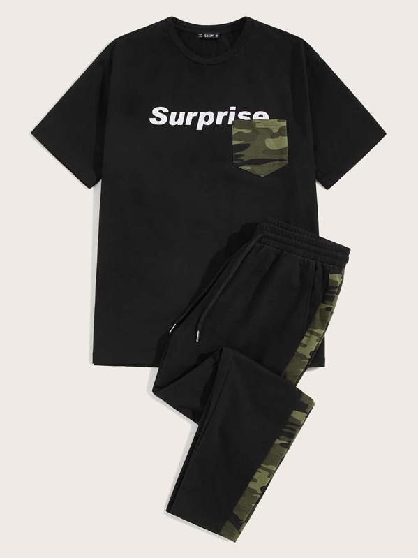 

Men Letter Graphic Pocket Tee & Drawstring Sweatpants Set, Black