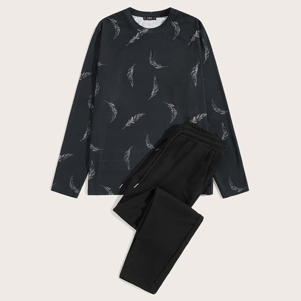 

Men Feather Print Tee & Drawstring Sweatpants Set, Multicolor