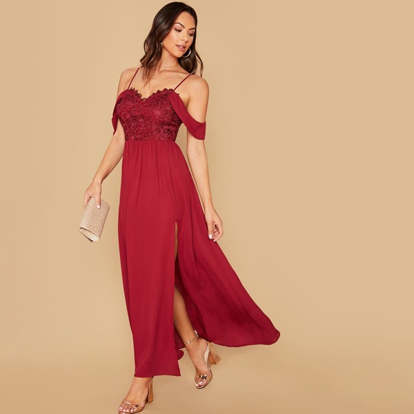 

Cold Shoulder Guipure Lace Bodice High Split Hem Dress, Burgundy