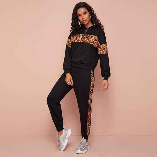 

Leopard Panel Half Zipper Hoodie With Sweatpants, Black
