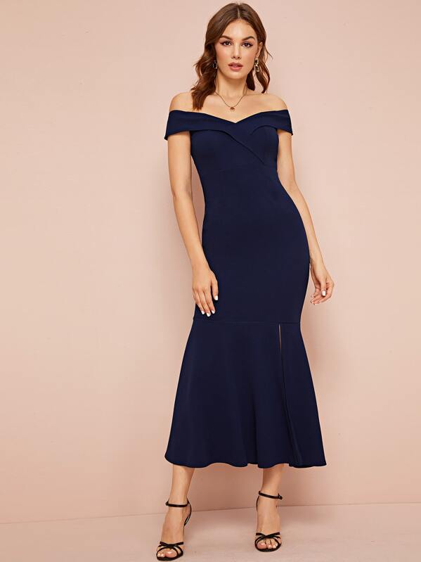 

Off Shoulder Split Fishtail Hem Dress, Navy, Vlada