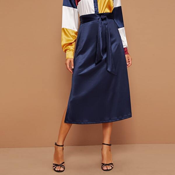 

Tie Waist Split Side Satin Skirt, Navy