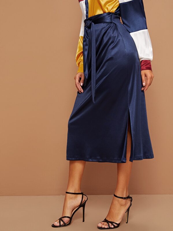 

Tie Waist Split Side Satin Skirt, Navy, Mary P.