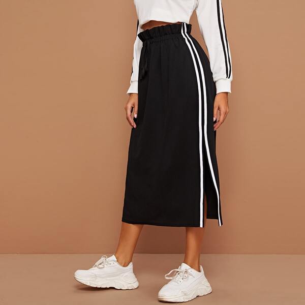 

Paperbag Waist Split Tape Side Skirt, Black