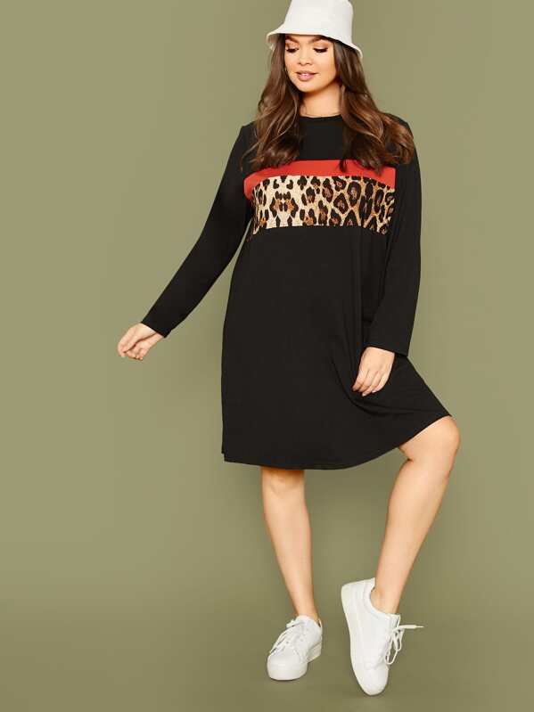 

Plus Leopard Panel Tee Dress, Black, Faith Bowman