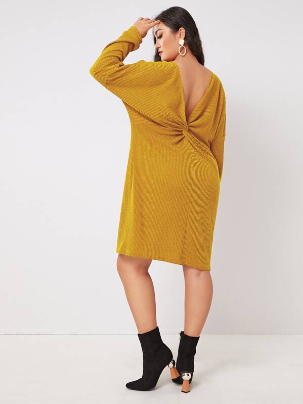 

Plus Twist Back Batwing Sleeve Rib-knit Dress, Yellow, Ma Tian