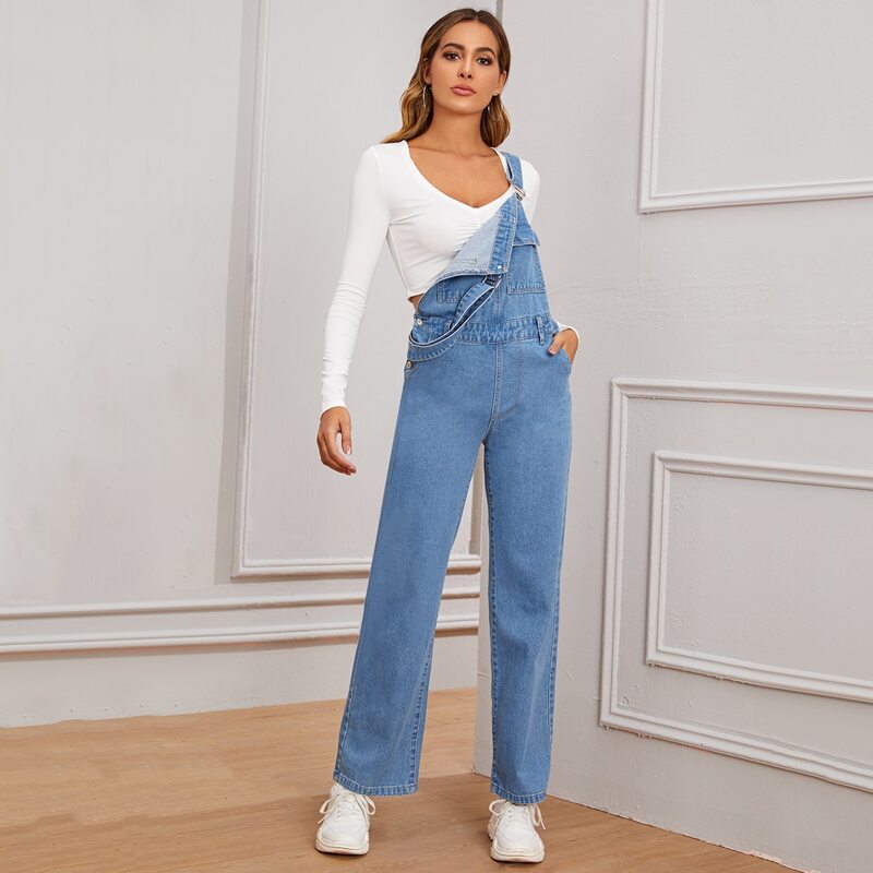 

Pocket Front Straight Leg Denim Overalls, Blue
