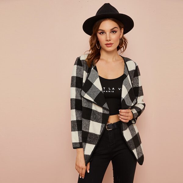 

Buffalo Plaid Contrast Binding Duster Coat, Black and white
