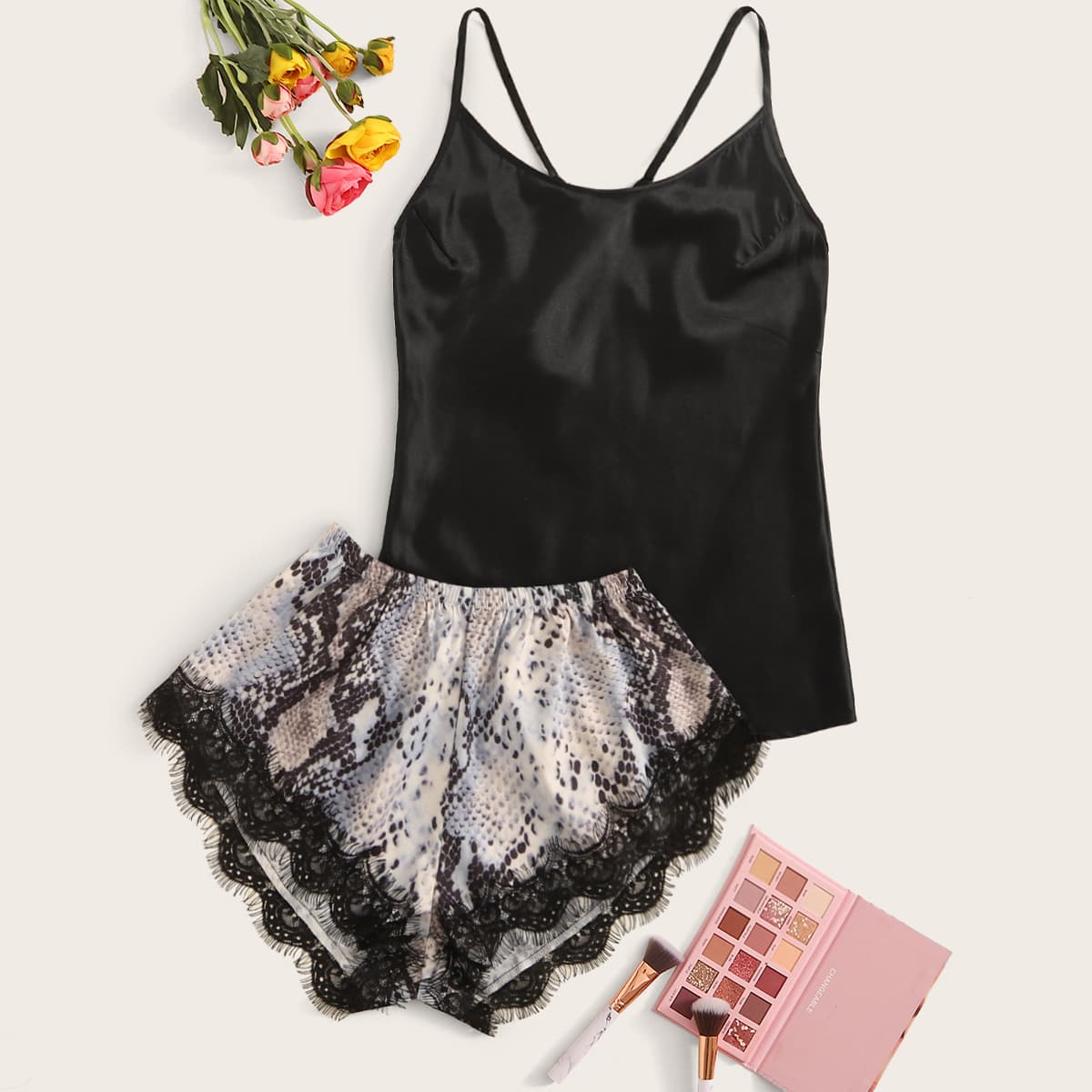 

Satin Top With Snakeskin Shorts PJ Set, Multicolor