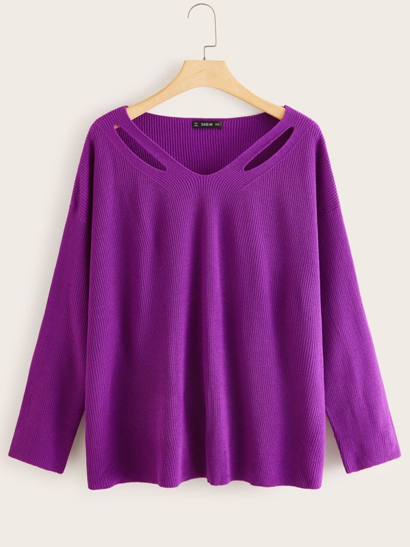 

Plus V-neck Ripped Detail Solid Sweater, Purple