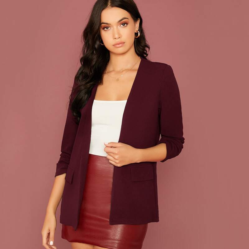 

Ruched Detail Sleeve Open Front Blazer, Burgundy