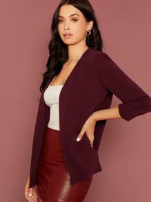 SHEIN LUNE Ruched Detail Sleeve Open Front Blazer - Burgundy - View 3