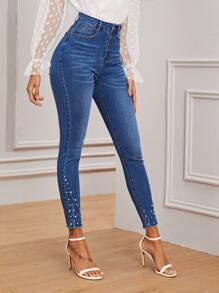 High Stretch Pearls Raw Hem Skinny Jeans - Blue - View 1