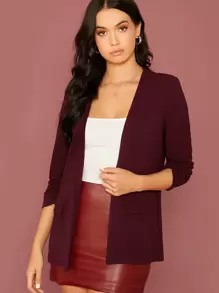 SHEIN LUNE Ruched Detail Sleeve Open Front Blazer - Burgundy - View 1