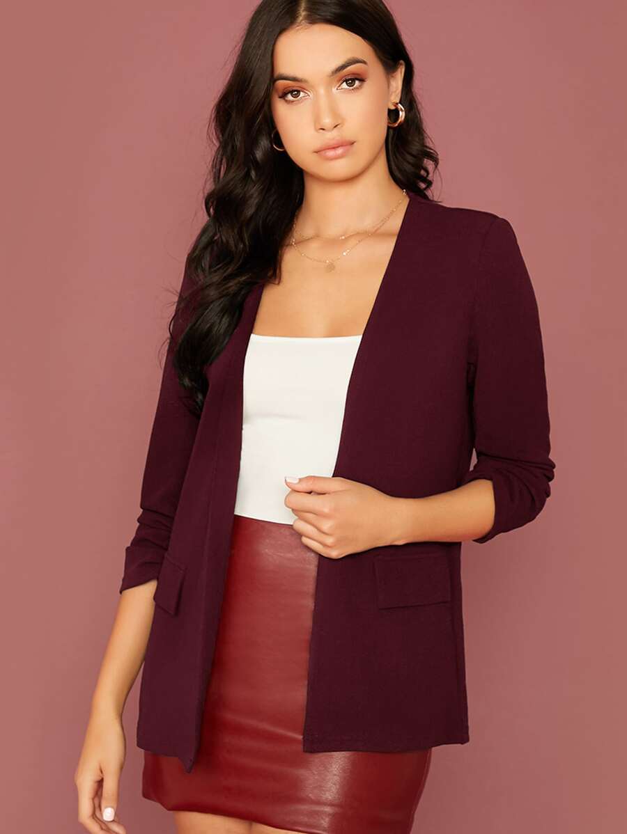 SHEIN LUNE Ruched Detail Sleeve Open Front Blazer - Burgundy - View 1