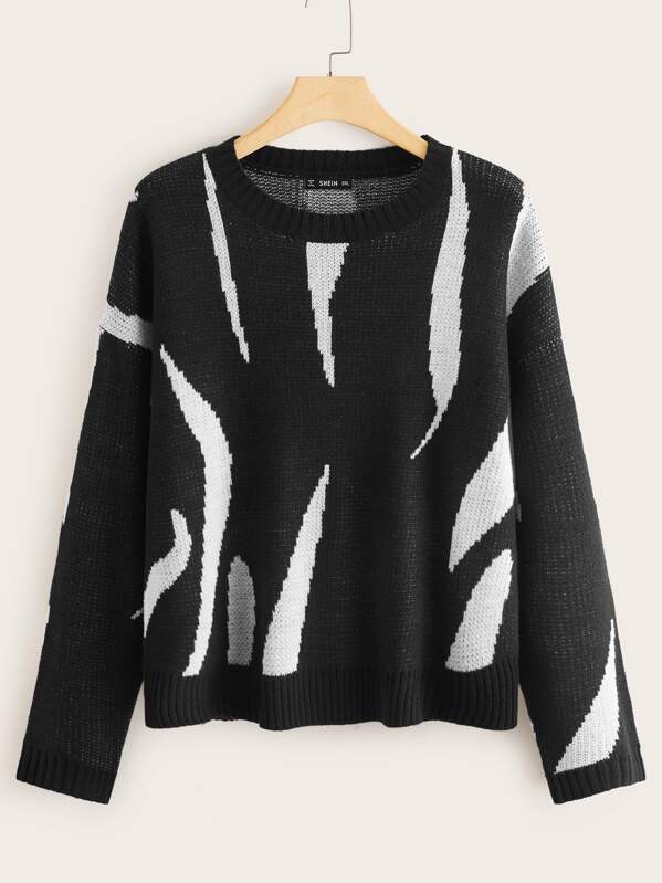 

Plus Drop Shoulder Two Tone Sweater, Black and white