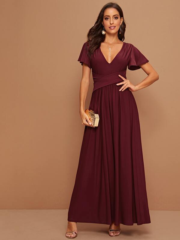 Flutter Sleeve Crisscross Tie Back Dress, Burgundy, Mary P.