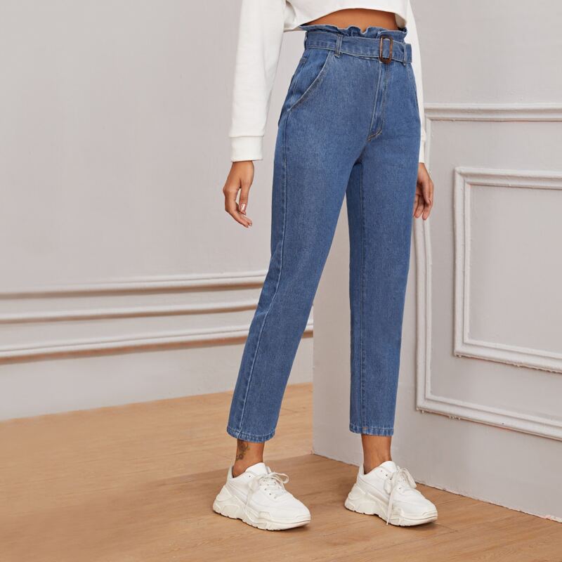 

Paperbag Waist Belted Crop Mom Jeans, Medium wash