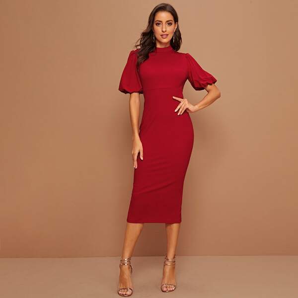 

Mock-neck Puff Sleeve Split Back Pencil Dress, Red