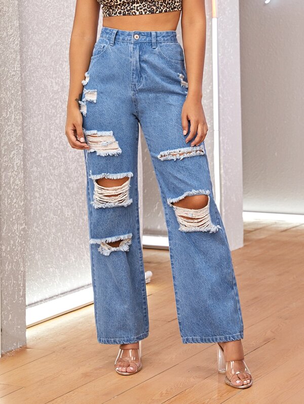 

Wide Leg Destroyed Jeans, Blue, Tina