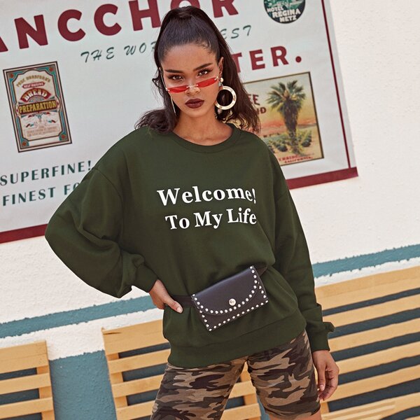 

Drop Shoulder Slogan Graphic Pullover Without Bag, Army green