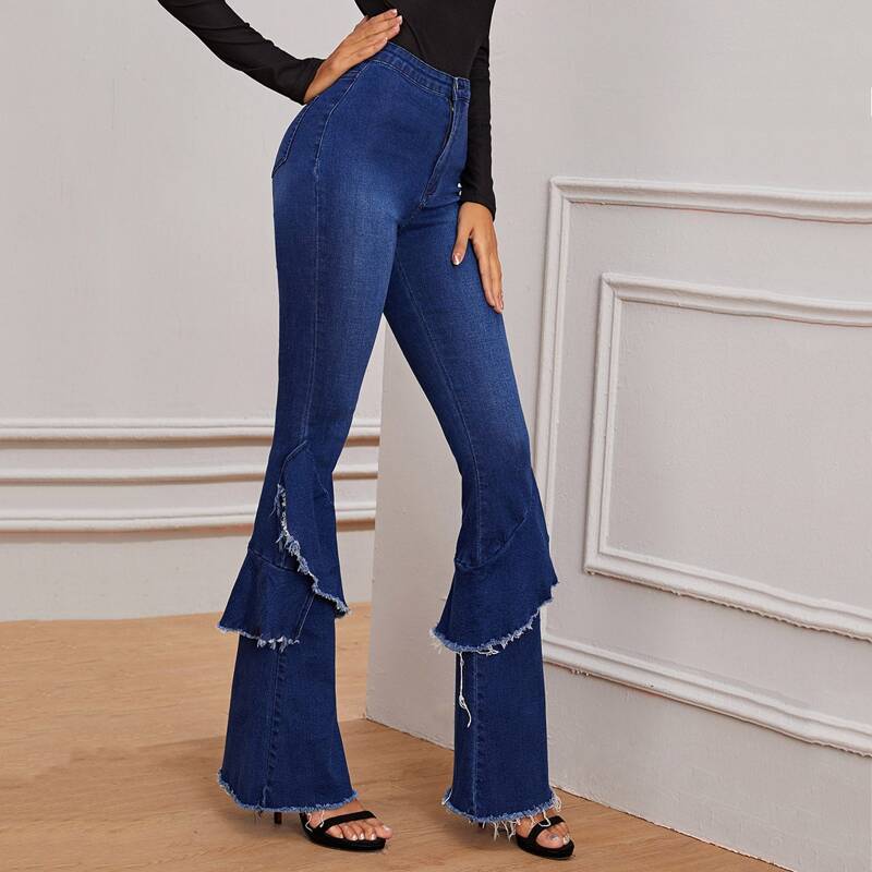 

Ruffle Raw Hem Flare Leg Jeans, Navy