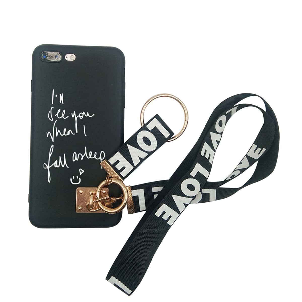 Slogan Graphic iPhone Case With Lanyard, Black
