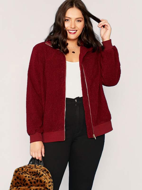 

Plus Zip Up Teddy Jacket, Burgundy, Marcelle Pallais