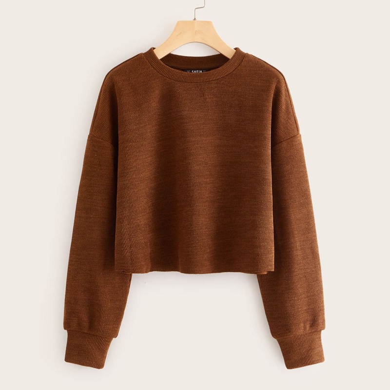 

Drop Shoulder Rib-knit Top, Brown