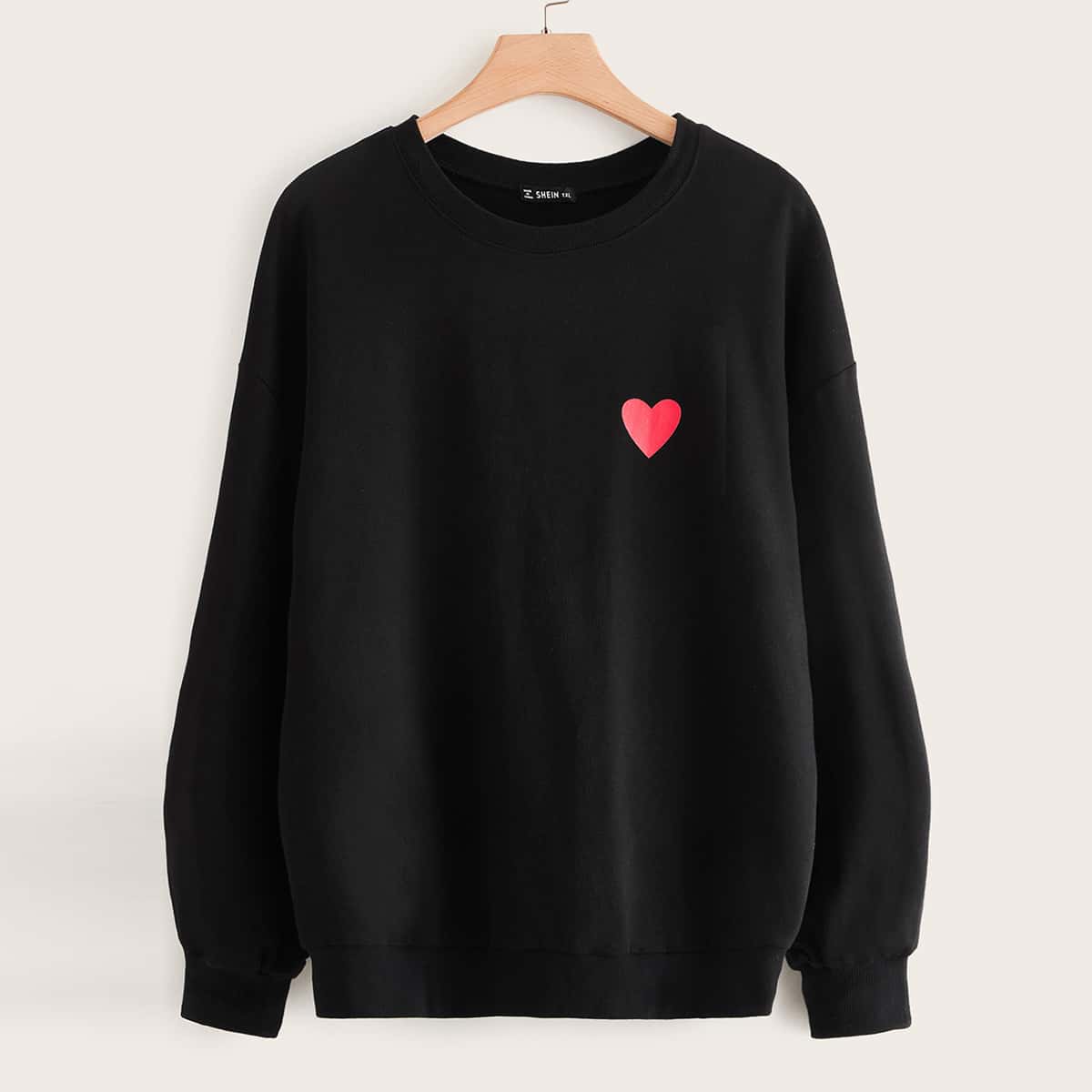 

Plus Drop Shoulder Heart Print Pullover, Black