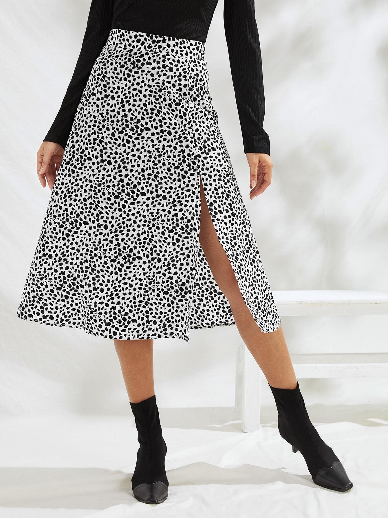 Speckled Print High Slit A-Line Midi Skirt thumbnail