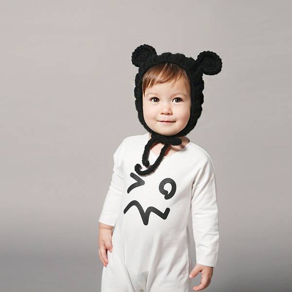 

Baby Ear Design Knit Beanie With Rope, Black