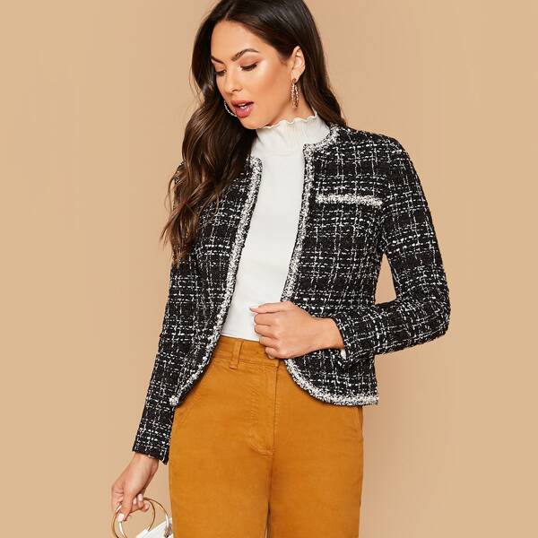 

Pearl Embellished Tweed Jacket, Black and white