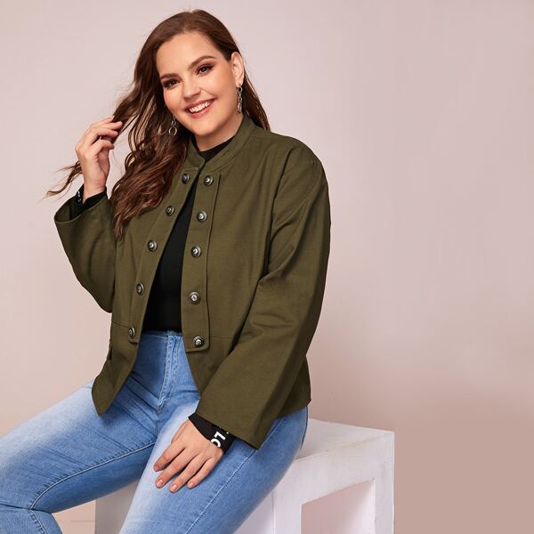 

Plus Solid Double Breasted Jacket, Army green