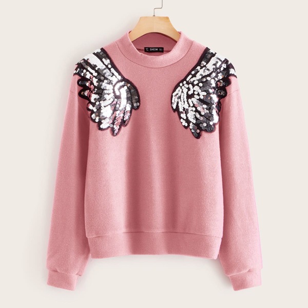 

Contrast Sequin Drop Shoulder Pullover, Pink pastel