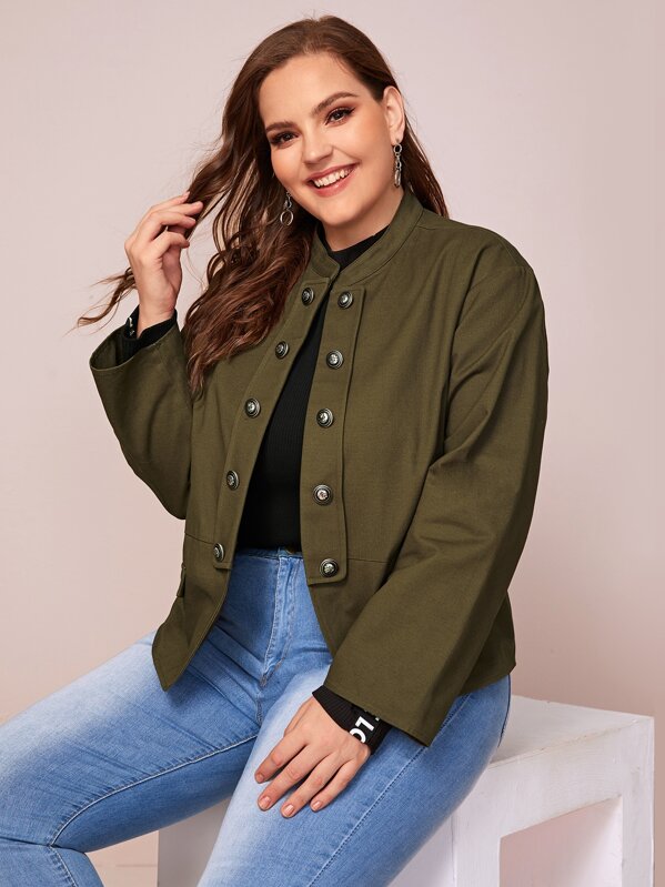 Plus Solid Double Breasted Jacket, Army green, Ella