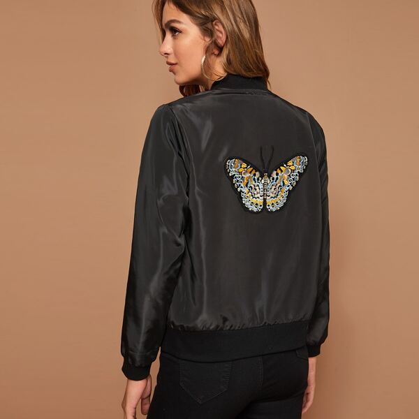 

Butterfly Patched Back Bomber Jacket, Black