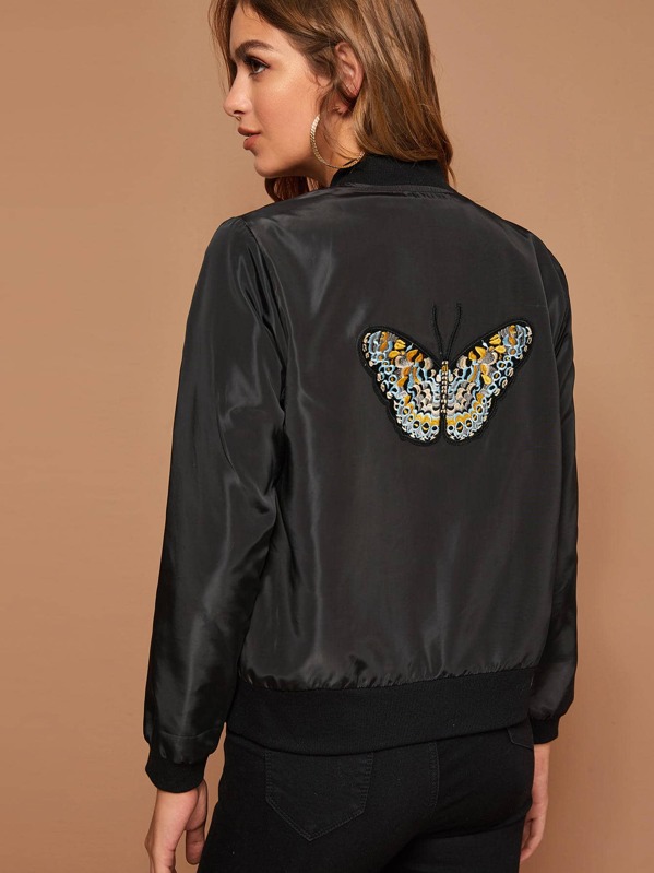 

Butterfly Patched Back Bomber Jacket, Black, Luiza
