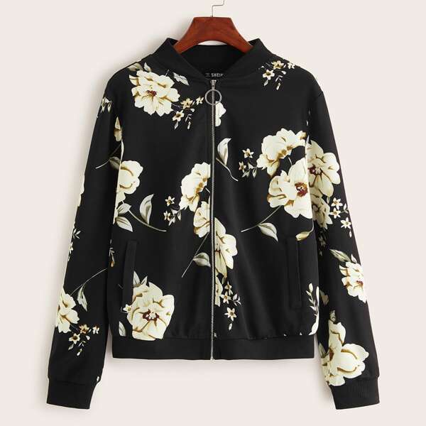 

Floral O-ring Zip Up Bomber Jacket, Black