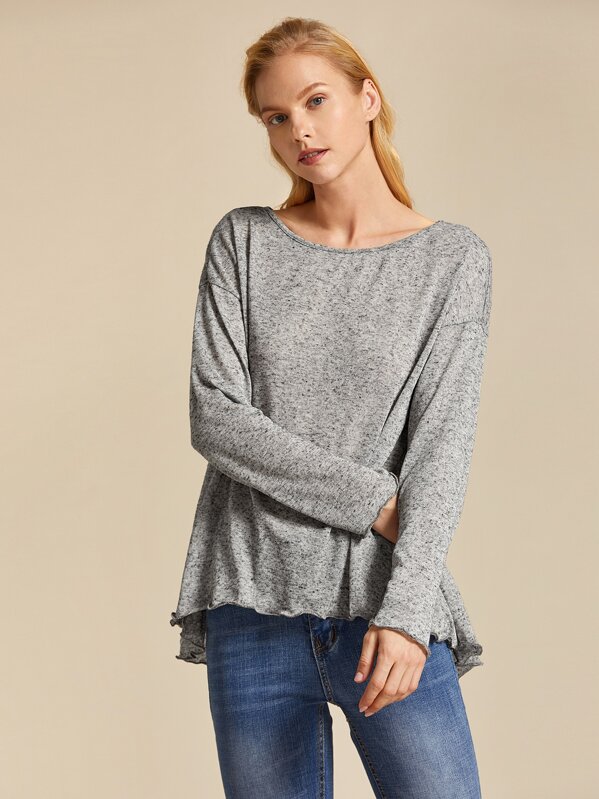 

Drop Shoulder Lettuce Trim Marled Tee, Grey, Denisa
