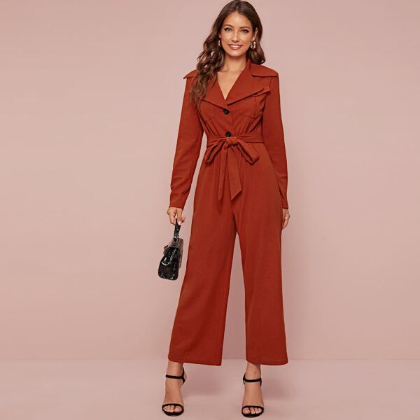 Notch Collar Flap Pocket Belted Palazzo Jumpsuit, Orange