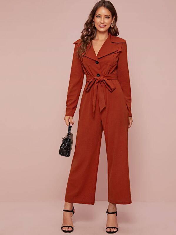 

Notch Collar Flap Pocket Belted Palazzo Jumpsuit, Orange, Debi Cruz