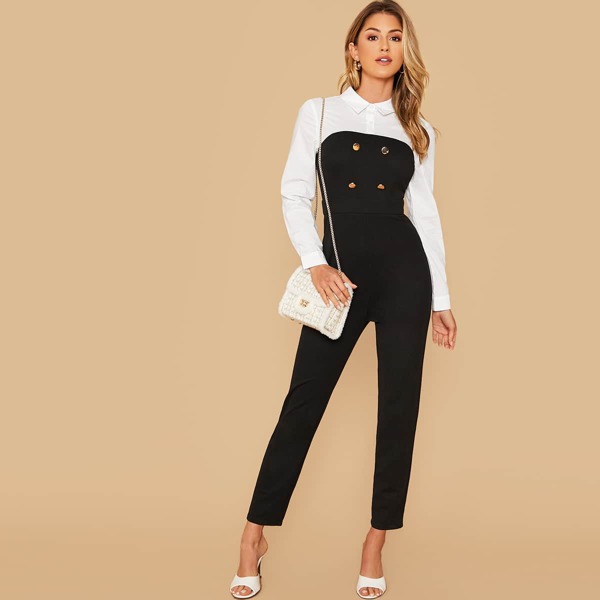 

Color-block Double Button Combo Jumpsuit, Black