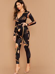 SHEIN Clasi Jumpsuit unitard con estampado de cadena con cinturón - Negro - Ver 3