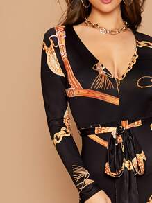 SHEIN Clasi Jumpsuit unitard con estampado de cadena con cinturón - Negro - Ver 4