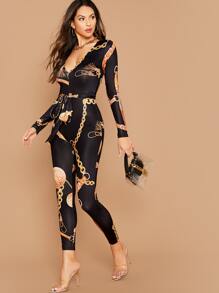 SHEIN Clasi Jumpsuit unitard con estampado de cadena con cinturón - Negro - Ver 5