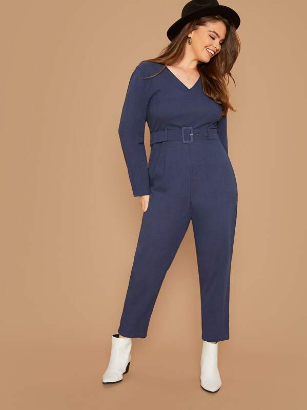 

Plus Solid V Neck Adjustable Belt Jumpsuit, Navy, Faith Bowman